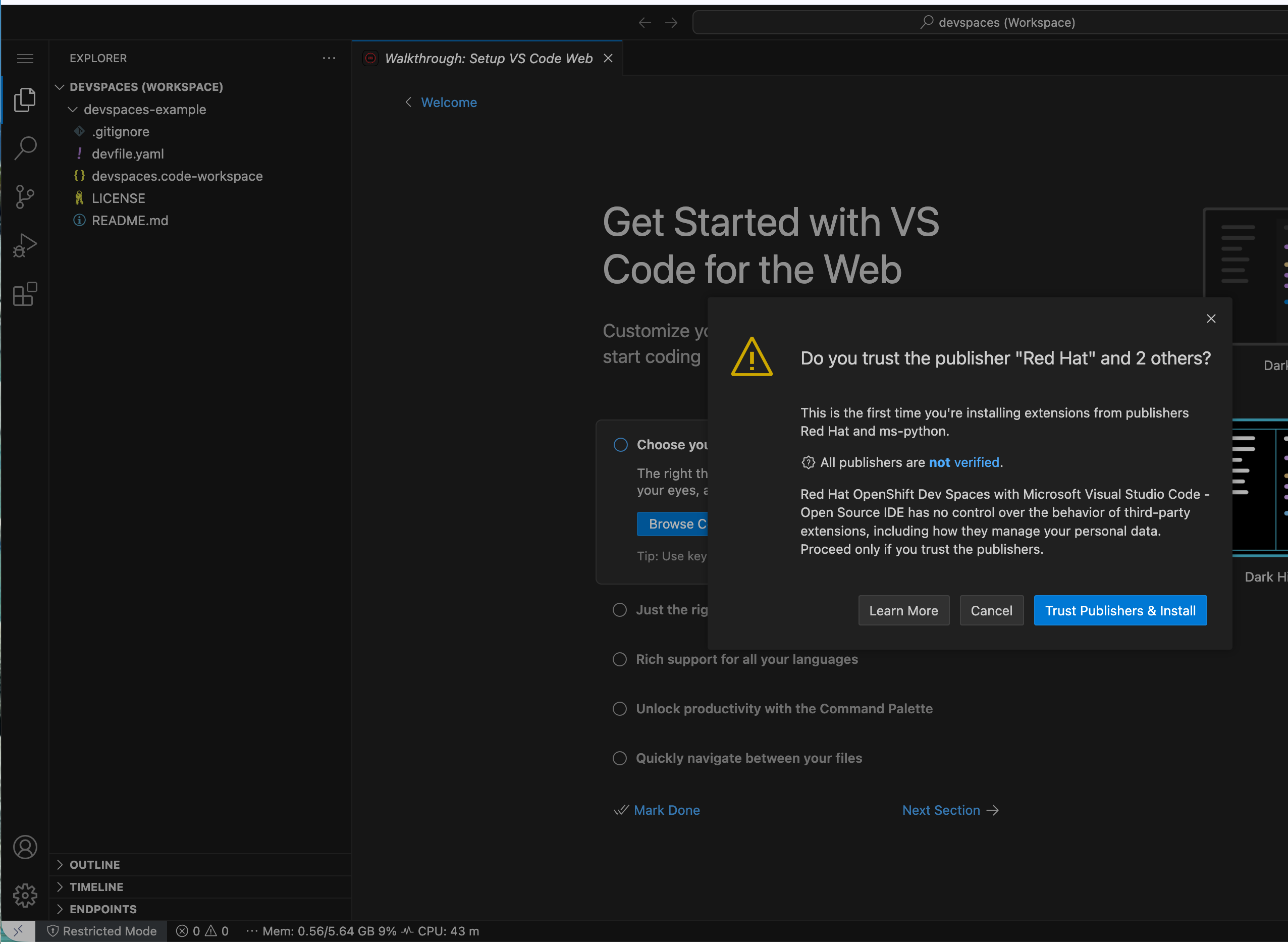 Dev Spaces workspace loading screen showing VS Code interface initialization