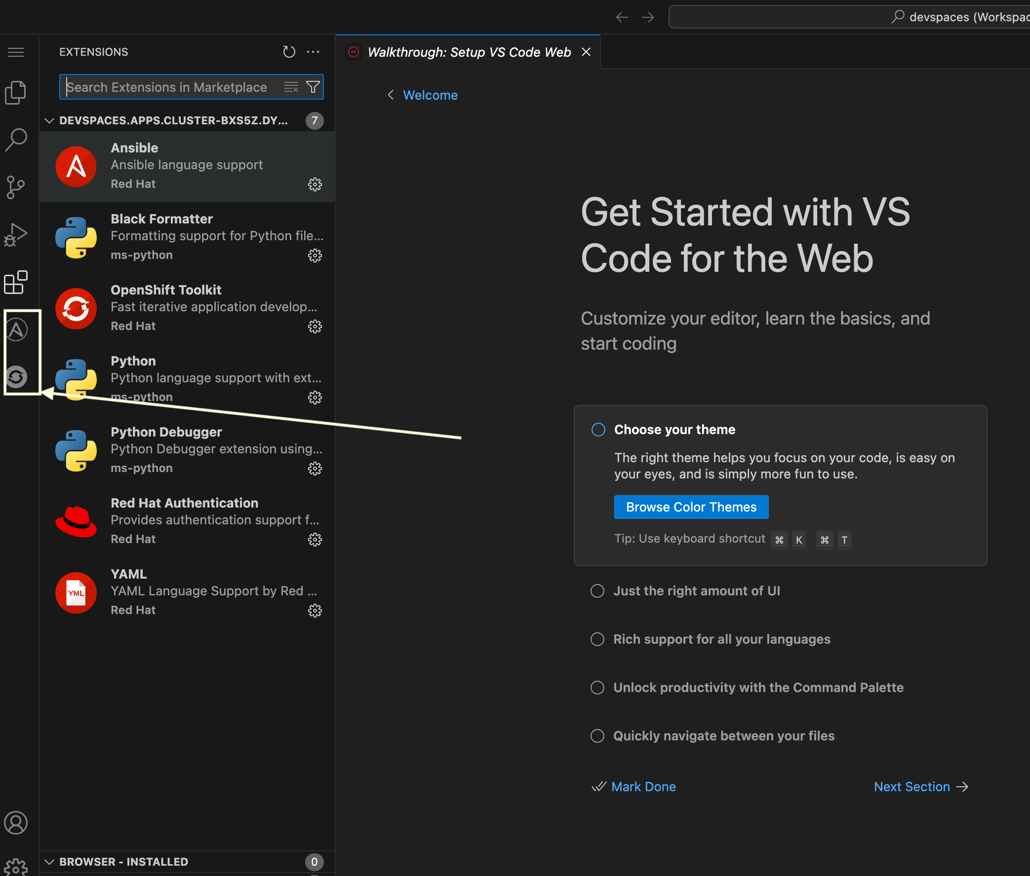 VS Code interface in Dev Spaces showing Ansible and OpenShift extension icons in the left sidebar