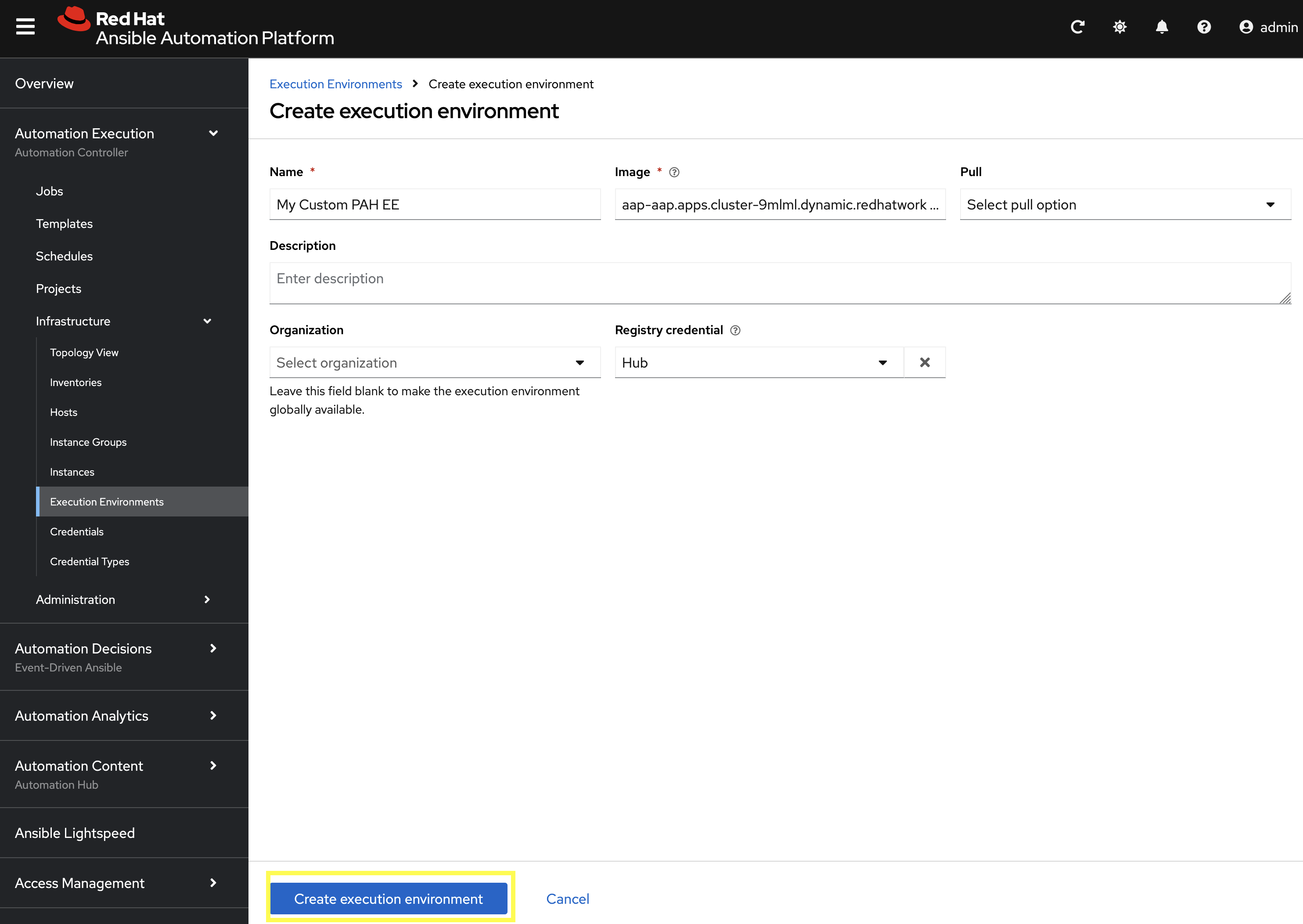 Create Execution Environment Dialog