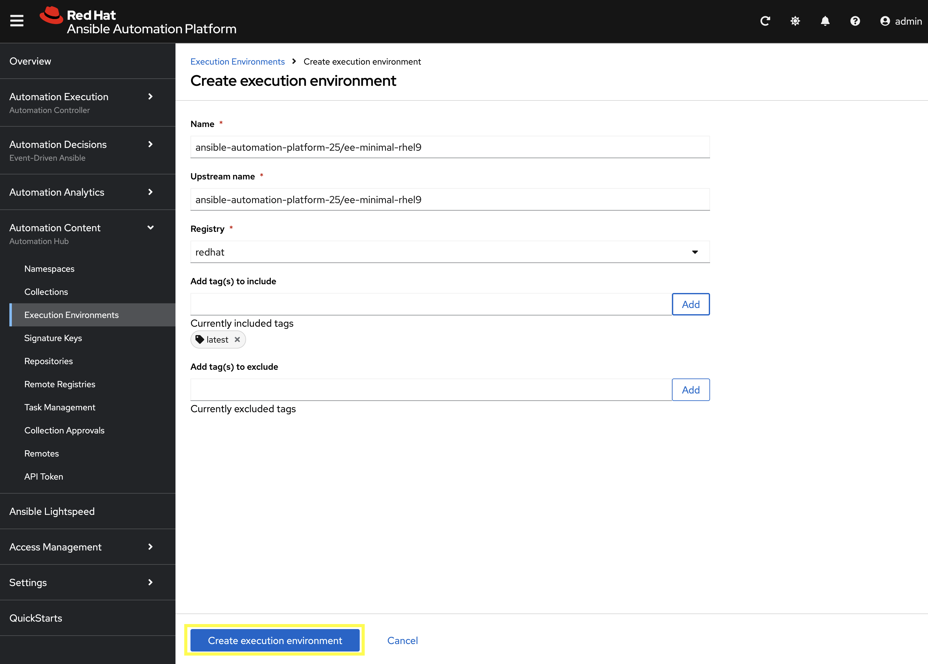 Create Execution Environments Form