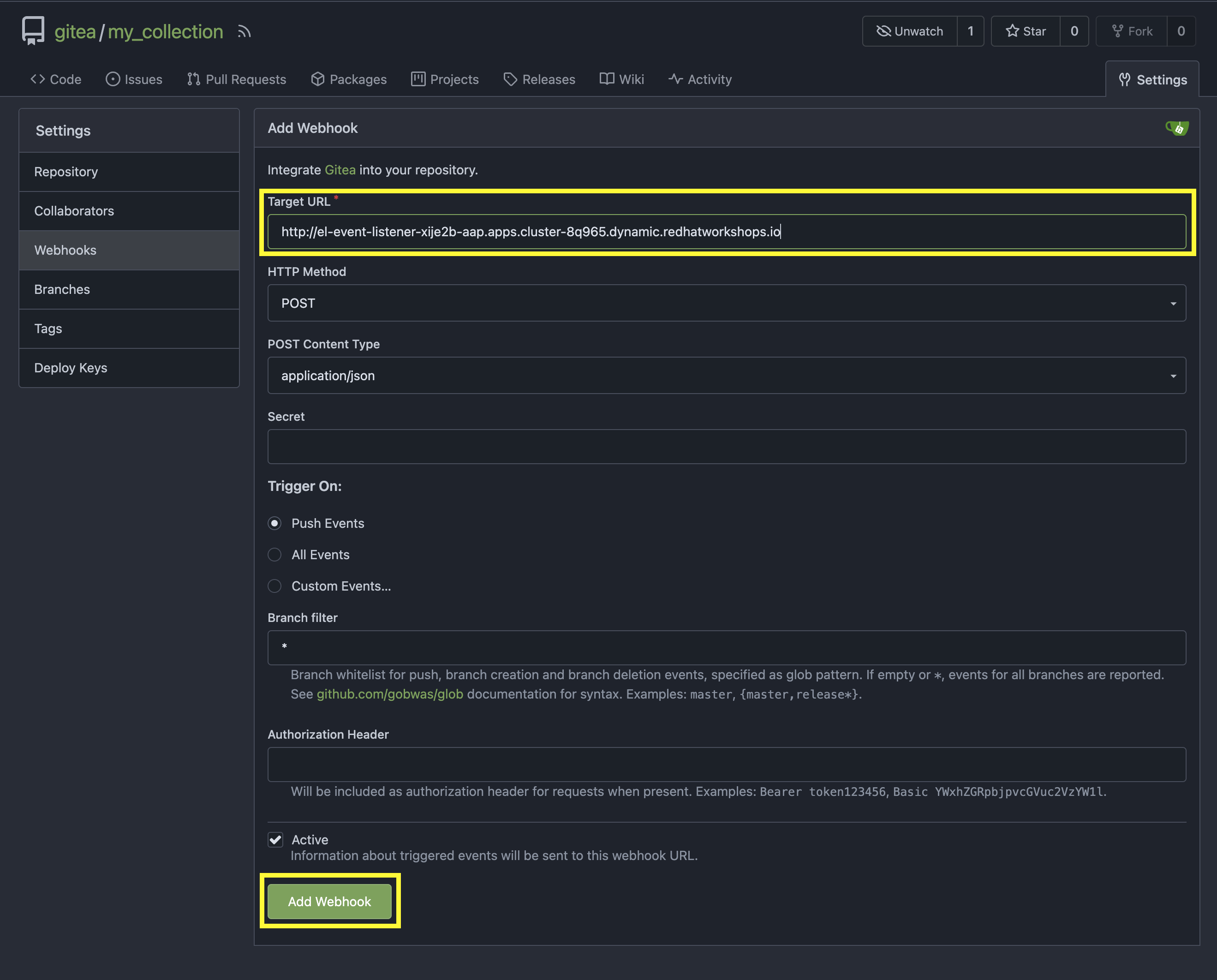 gitea webhook config