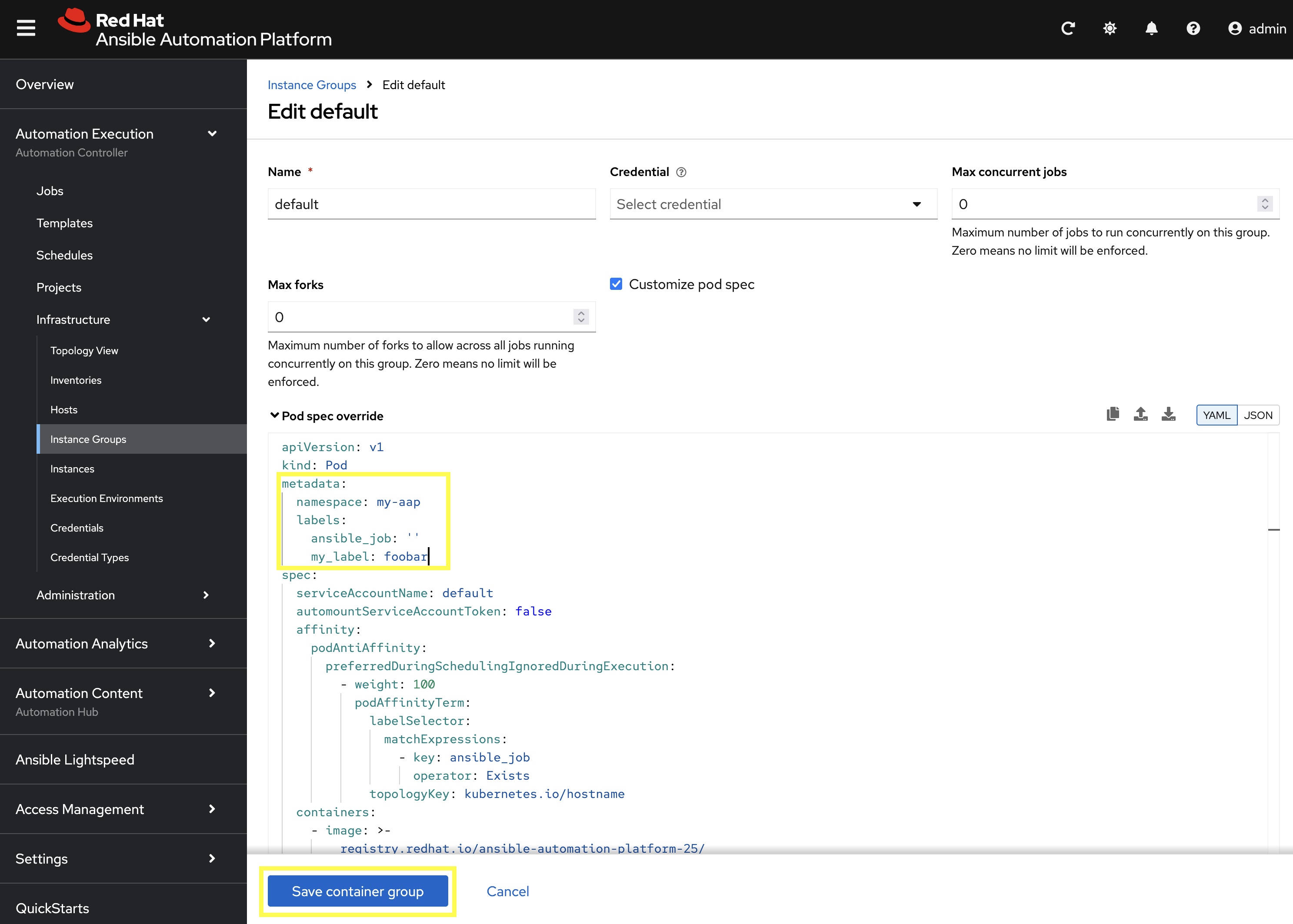 Update Default Instance Group