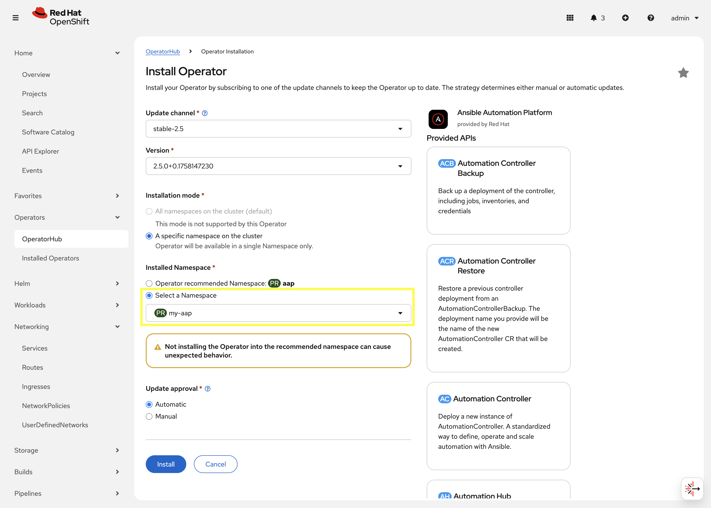 AAP Operator Install - Namespace Selection