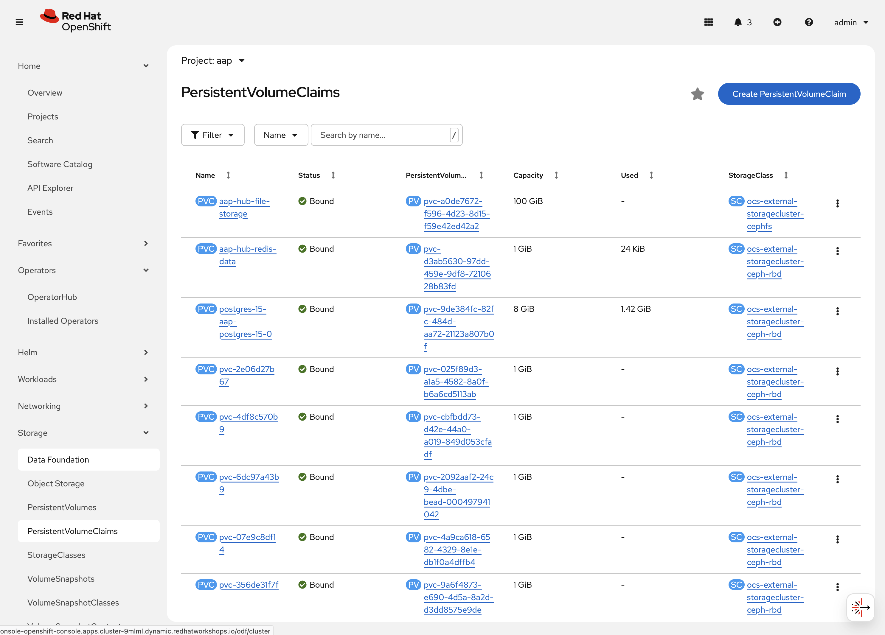 AAP Persistent Volume Claims